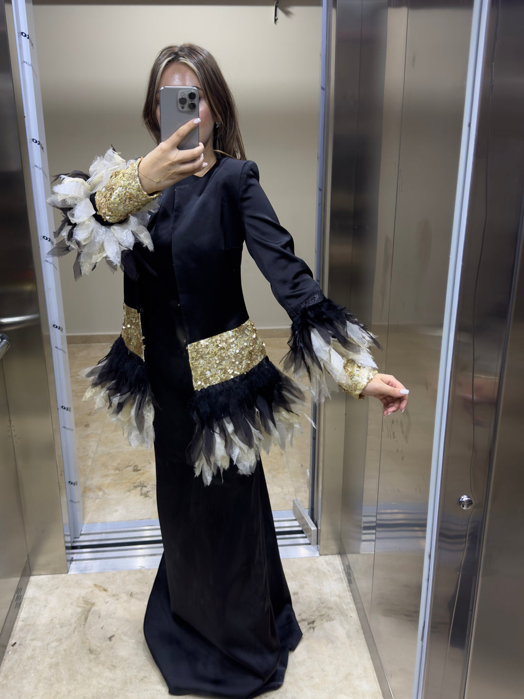 Özel Tasarım Tüylü Ceket ve İç Elbise Takım Abiye Düğün Nişan Kıyafeti