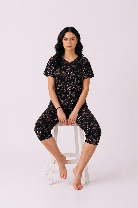 Bahar Dalı Dantel Yaka Bermuda Pijama Takımı B2707BB
