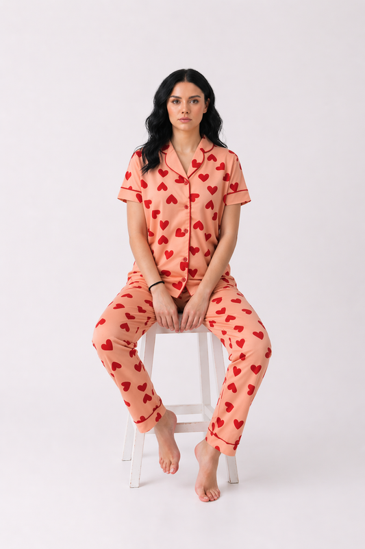 Kadın Kalp Desenli Gömlekli Pijama Takımı B2783KY