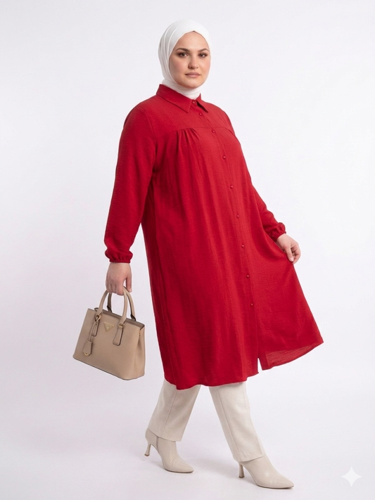 YAZLIK PİLELİ KOLDAN LASTİKLİ BATTAL BEDEN UZUN TUNİK