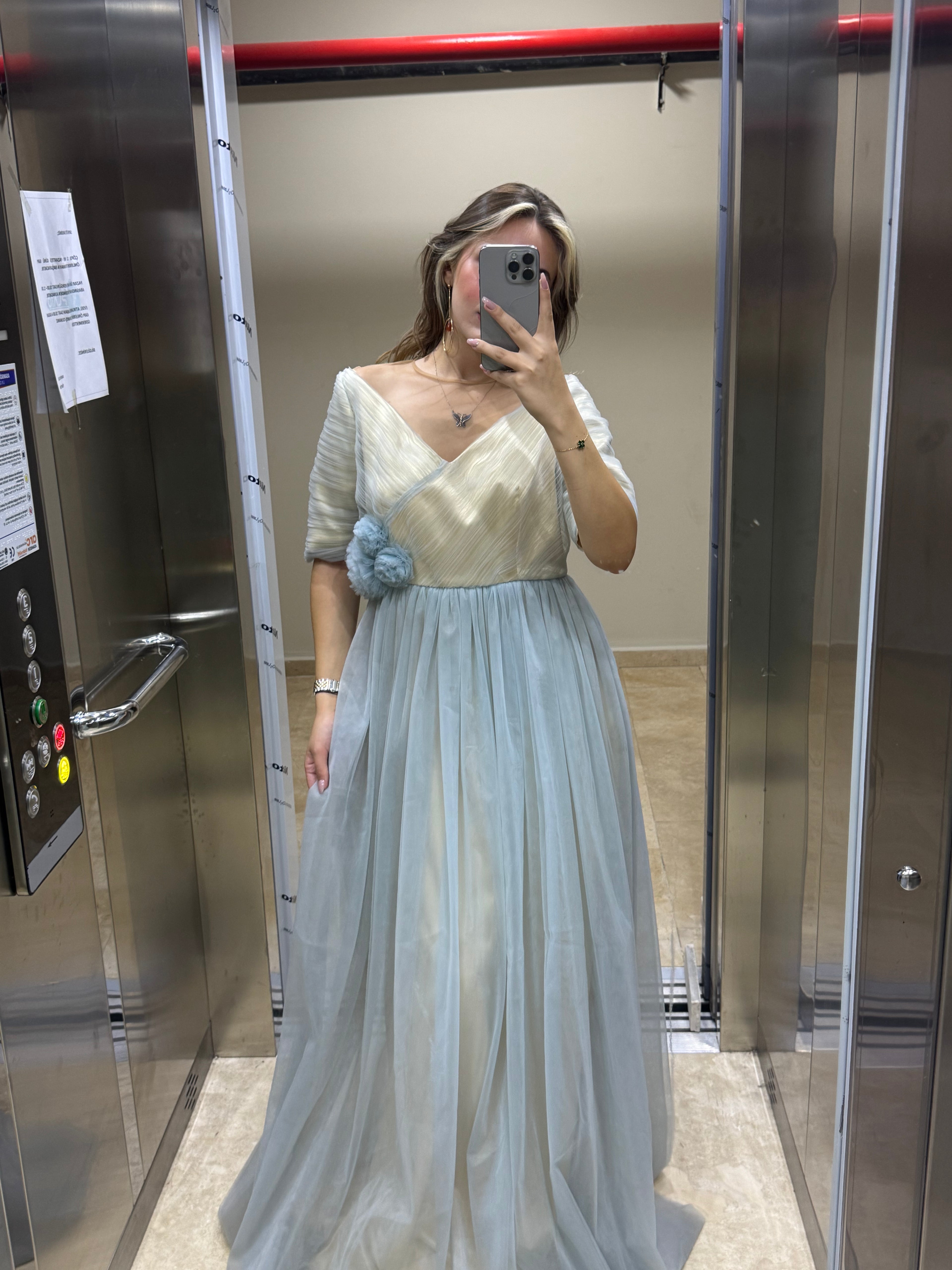 YARIM KOL V YAKA TRANSPARAN TÜLLÜ KABARIK ABİYE