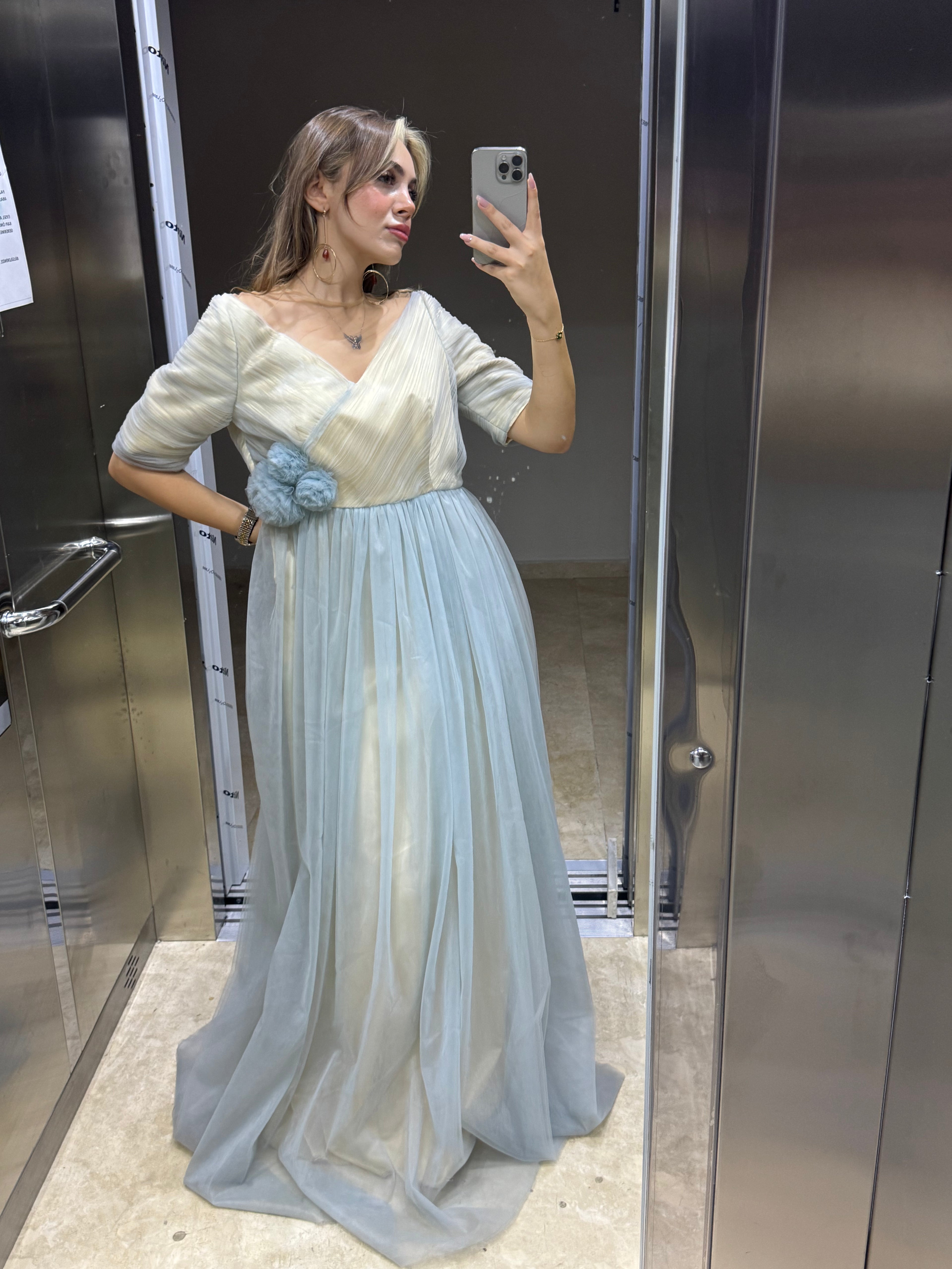 YARIM KOL V YAKA TRANSPARAN TÜLLÜ KABARIK ABİYE