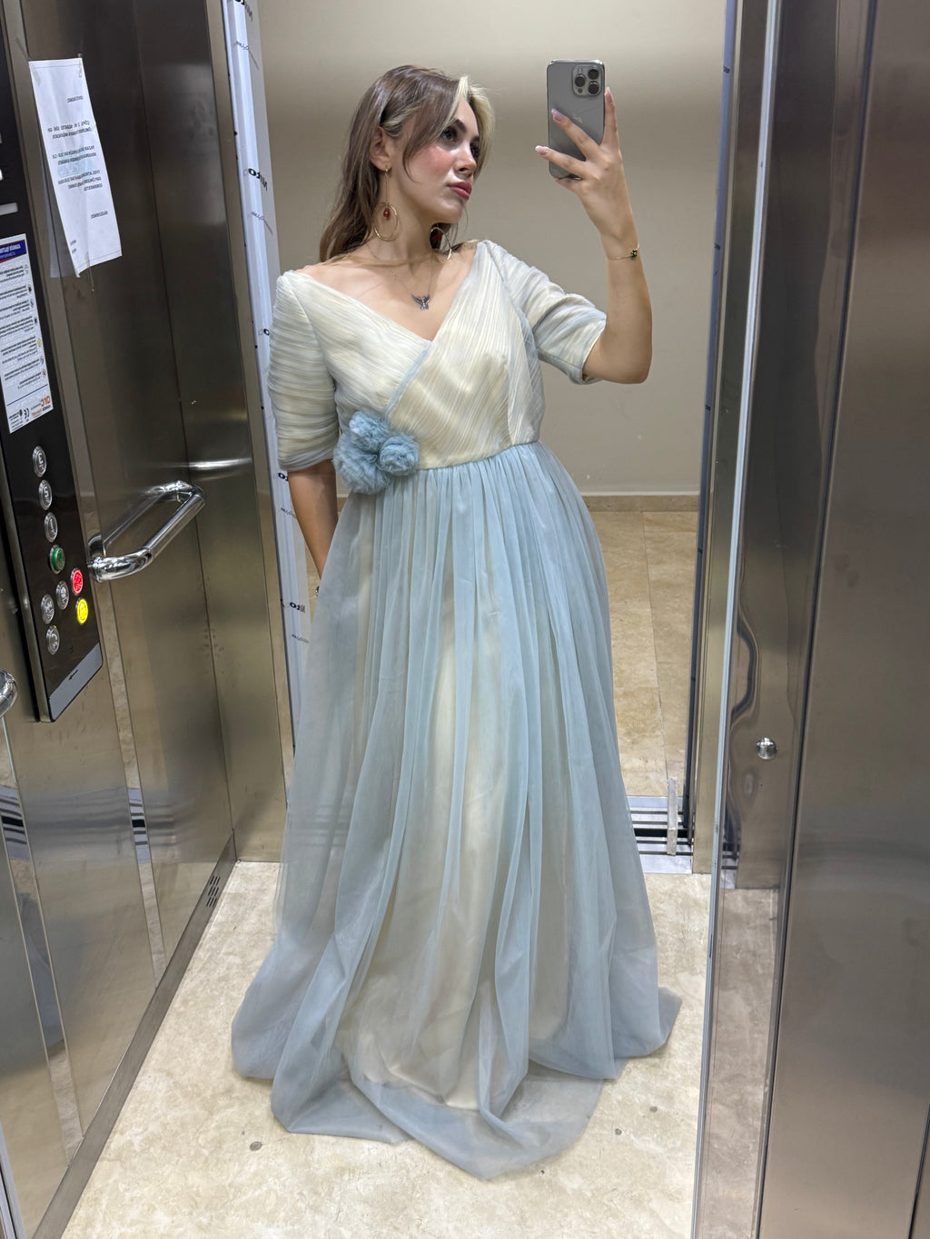 YARIM KOL V YAKA TRANSPARAN TÜLLÜ KABARIK ABİYE