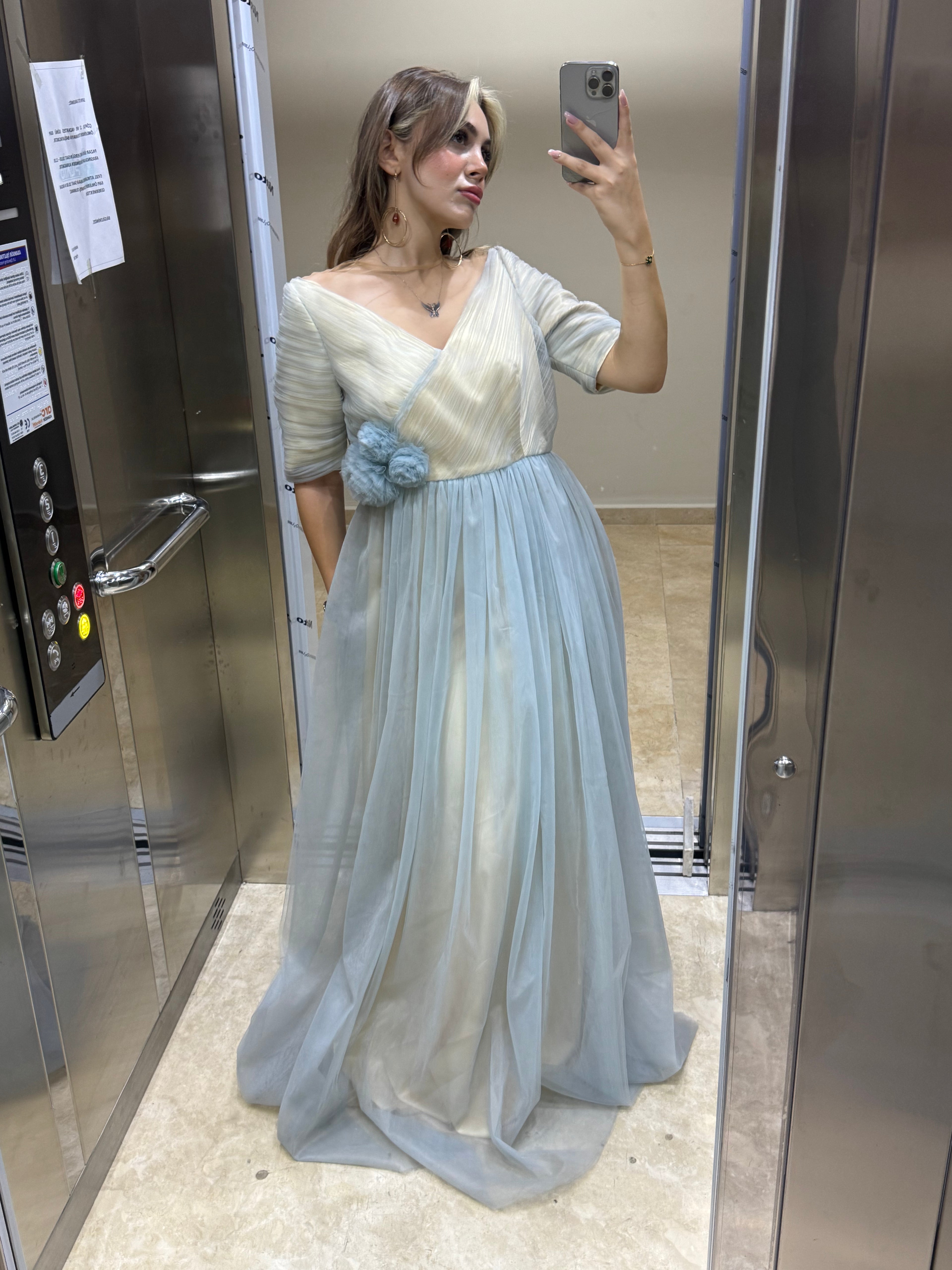 YARIM KOL V YAKA TRANSPARAN TÜLLÜ KABARIK ABİYE