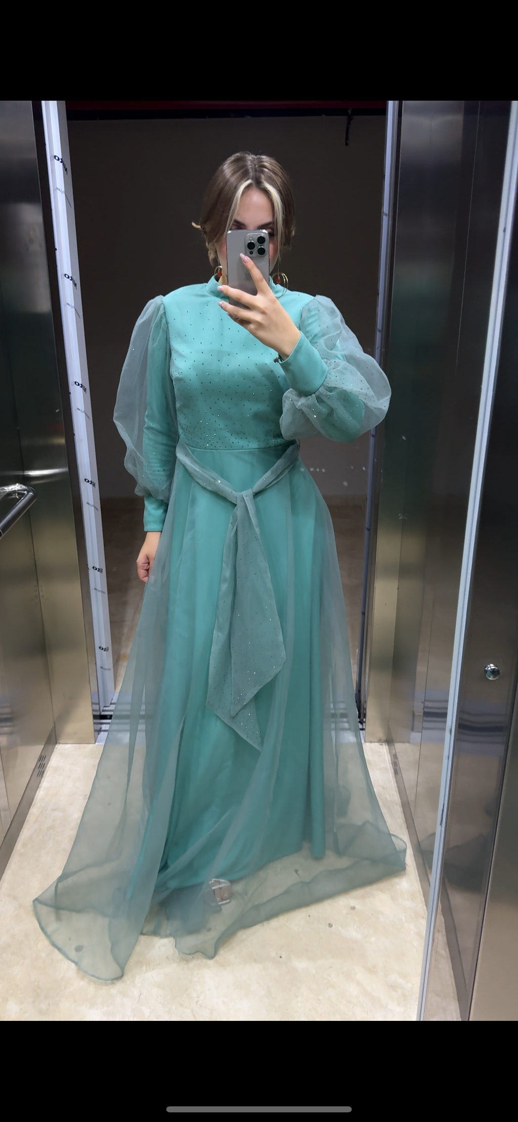 Balon Kol Taş işlemeli Prenses Model Tesettür Abiye