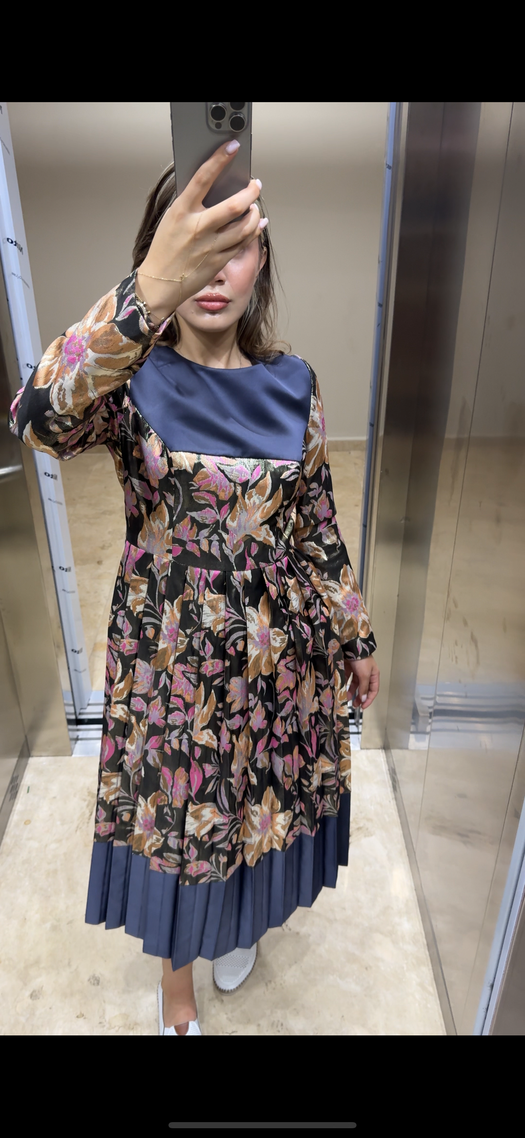 Çiçek Kaplamalı Saten Midi Boy Eteği Pliseli Özel Tasarım Abiye SON ADET