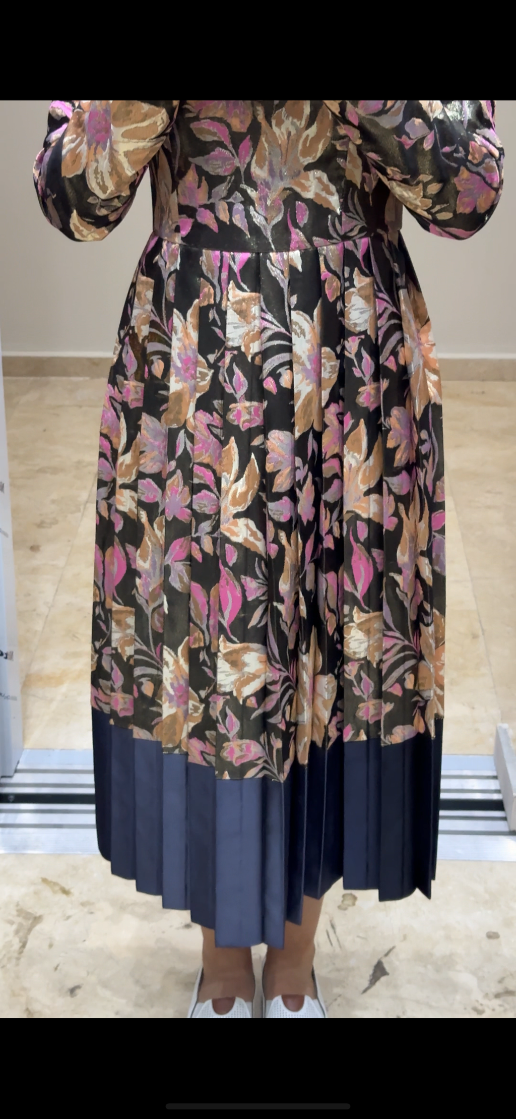 Çiçek Kaplamalı Saten Midi Boy Eteği Pliseli Özel Tasarım Abiye SON ADET