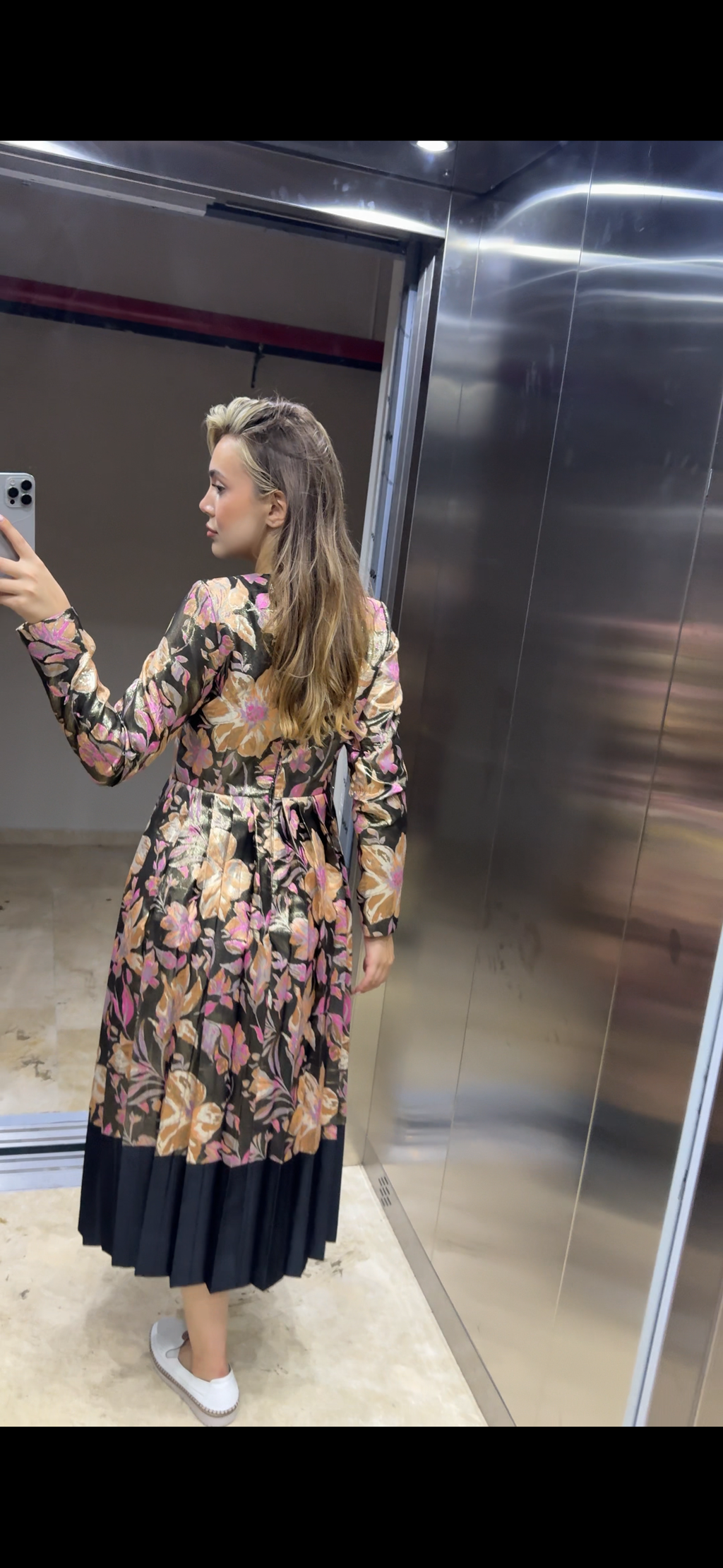 Çiçek Kaplamalı Saten Midi Boy Eteği Pliseli Özel Tasarım Abiye SON ADET