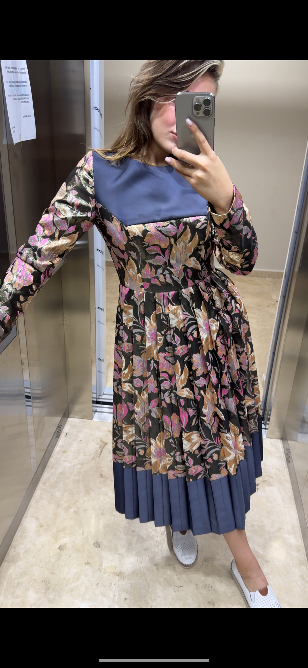 Çiçek Kaplamalı Saten Midi Boy Eteği Pliseli Özel Tasarım Abiye SON ADET