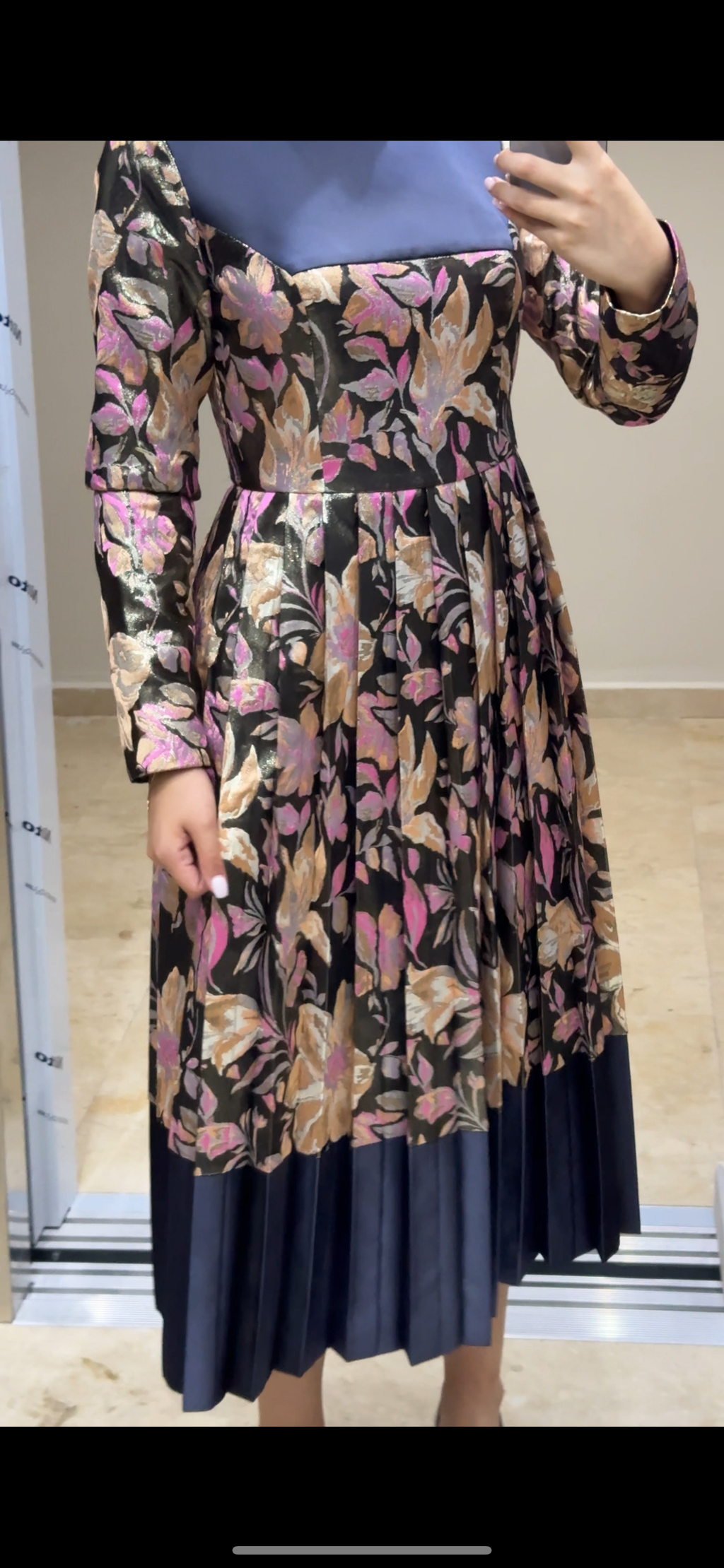 Çiçek Kaplamalı Saten Midi Boy Eteği Pliseli Özel Tasarım Abiye SON ADET