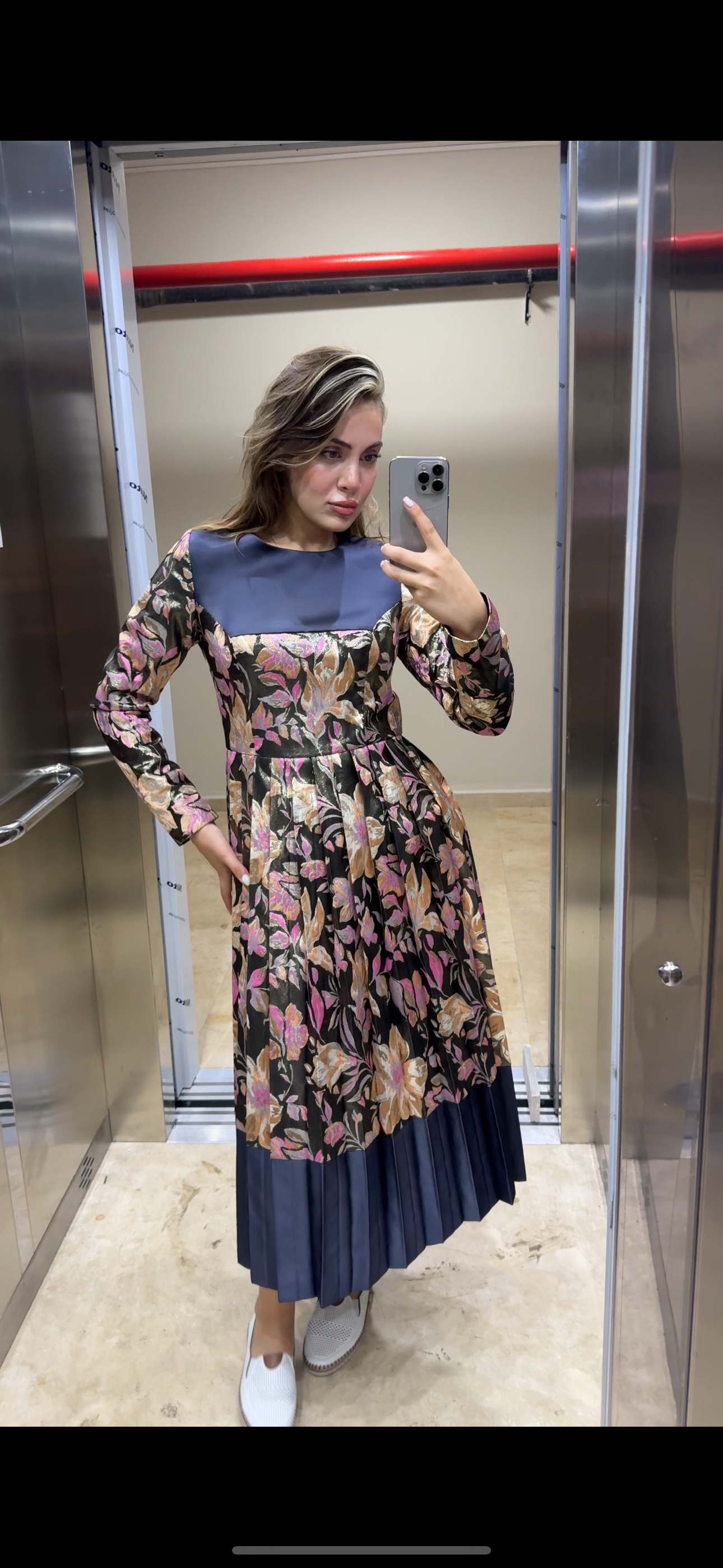 Çiçek Kaplamalı Saten Midi Boy Eteği Pliseli Özel Tasarım Abiye SON ADET