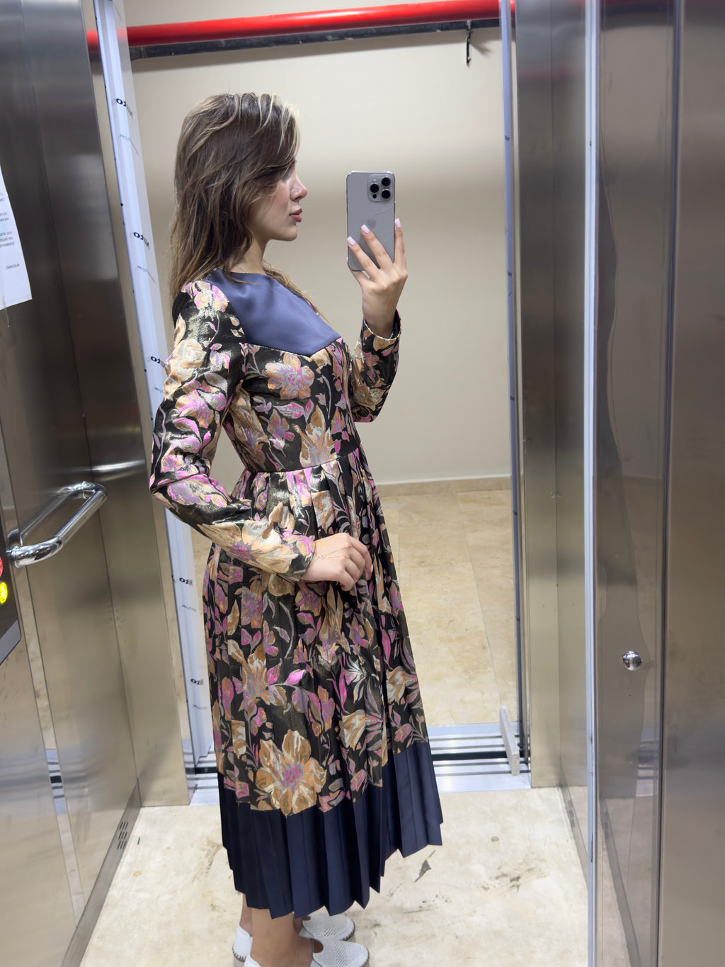 Çiçek Kaplamalı Saten Midi Boy Eteği Pliseli Özel Tasarım Abiye SON ADET