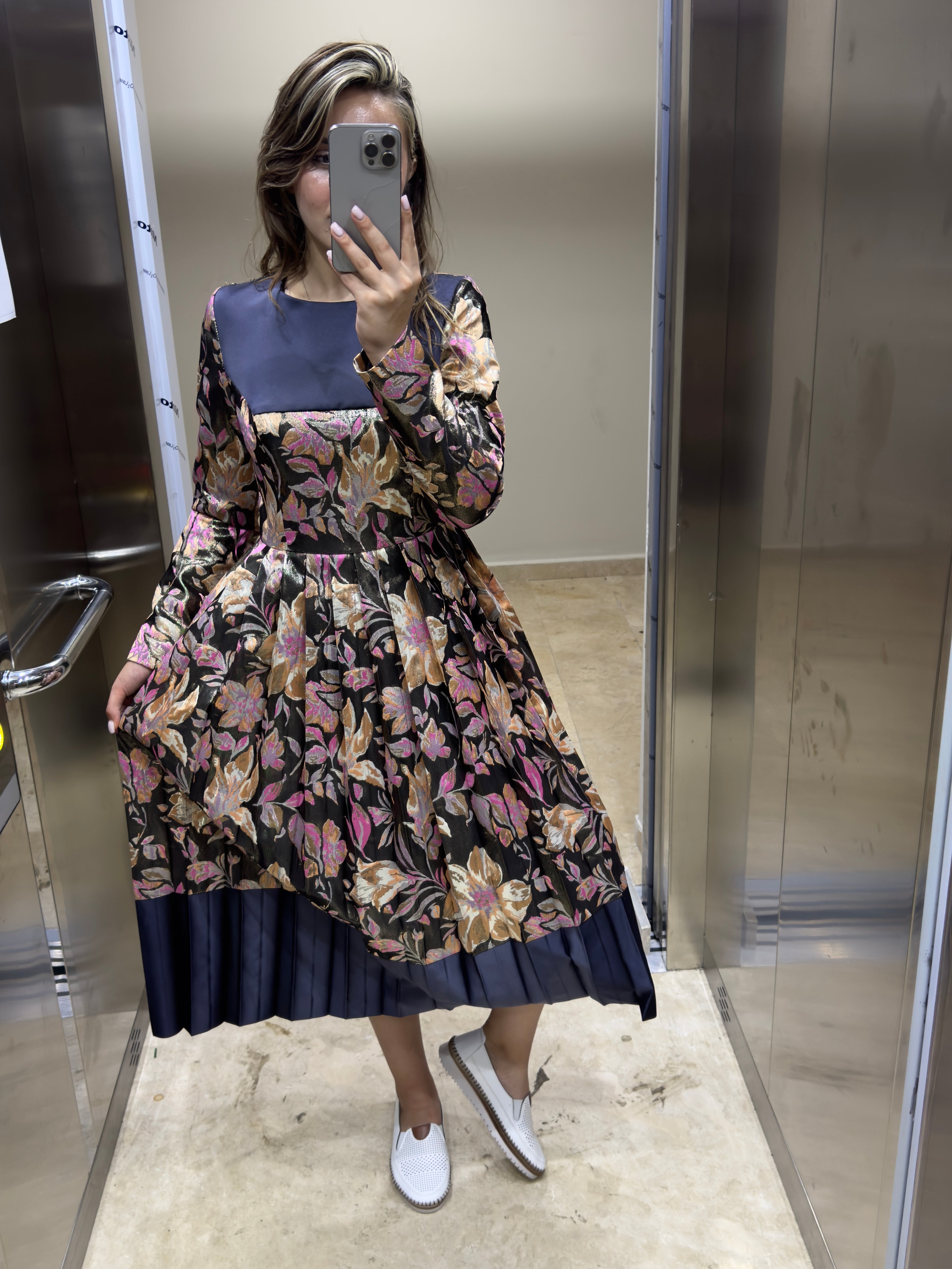 Çiçek Kaplamalı Saten Midi Boy Eteği Pliseli Özel Tasarım Abiye SON ADET