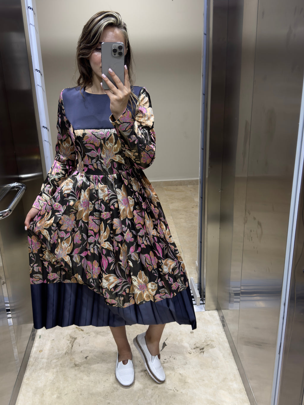 Çiçek Kaplamalı Saten Midi Boy Eteği Pliseli Özel Tasarım Abiye SON ADET