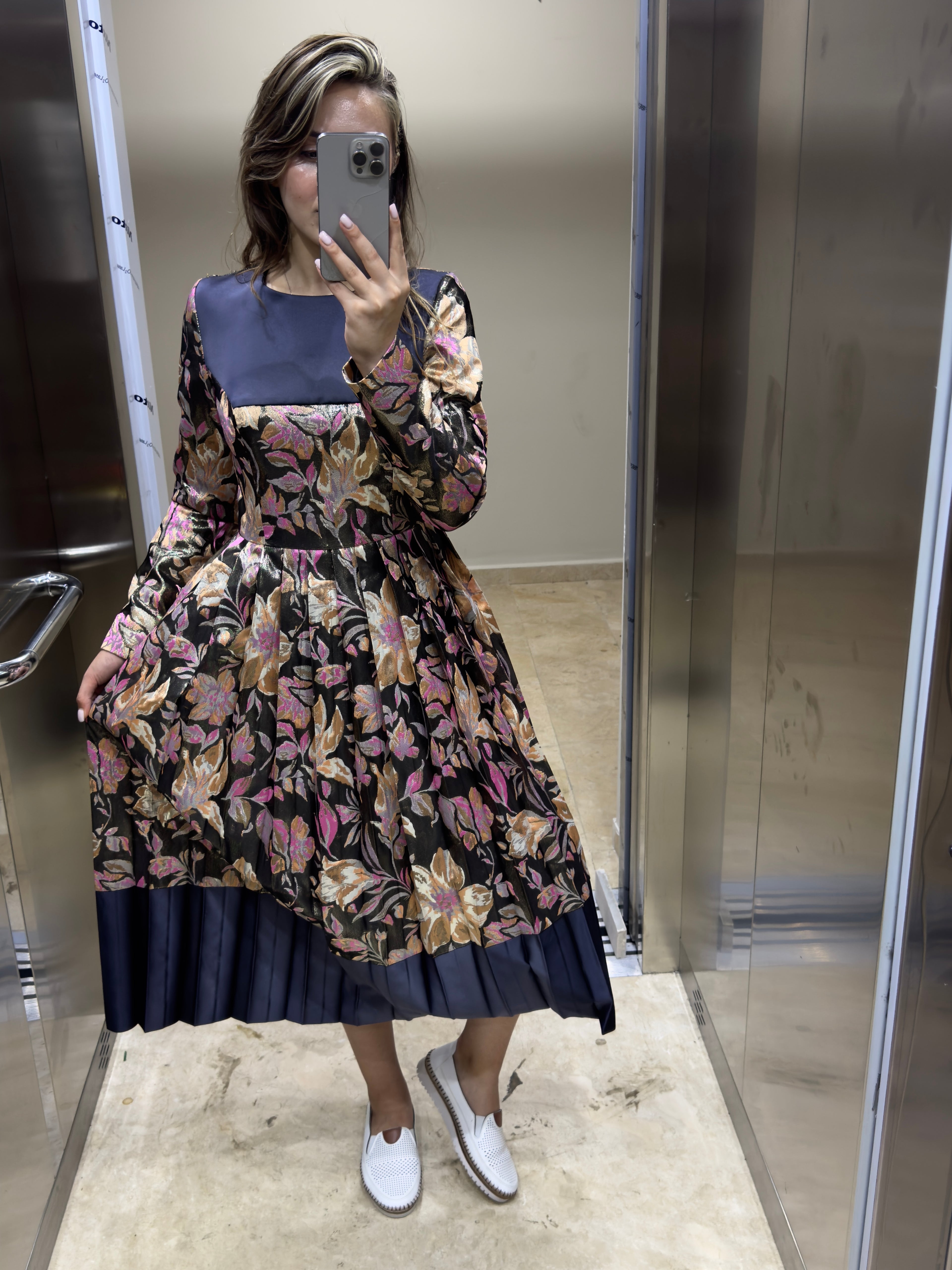 Çiçek Kaplamalı Saten Midi Boy Eteği Pliseli Özel Tasarım Abiye SON ADET