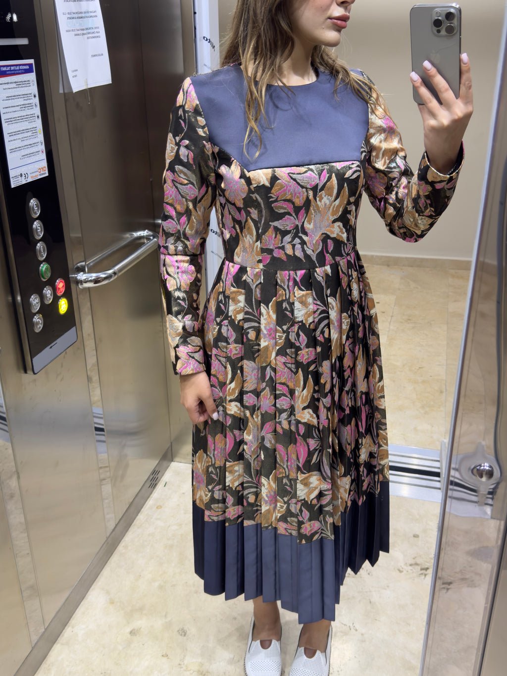 Çiçek Kaplamalı Saten Midi Boy Eteği Pliseli Özel Tasarım Abiye SON ADET