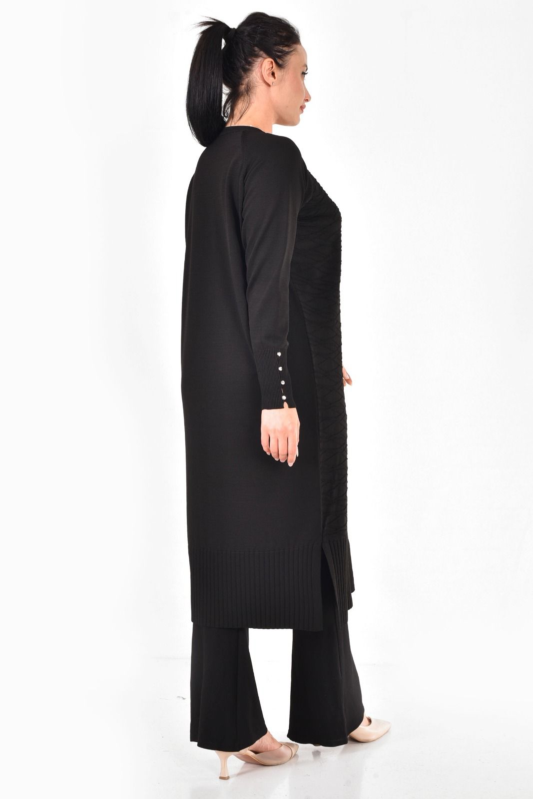 Merserize Kumaş Düğmeli Uzun Hırka