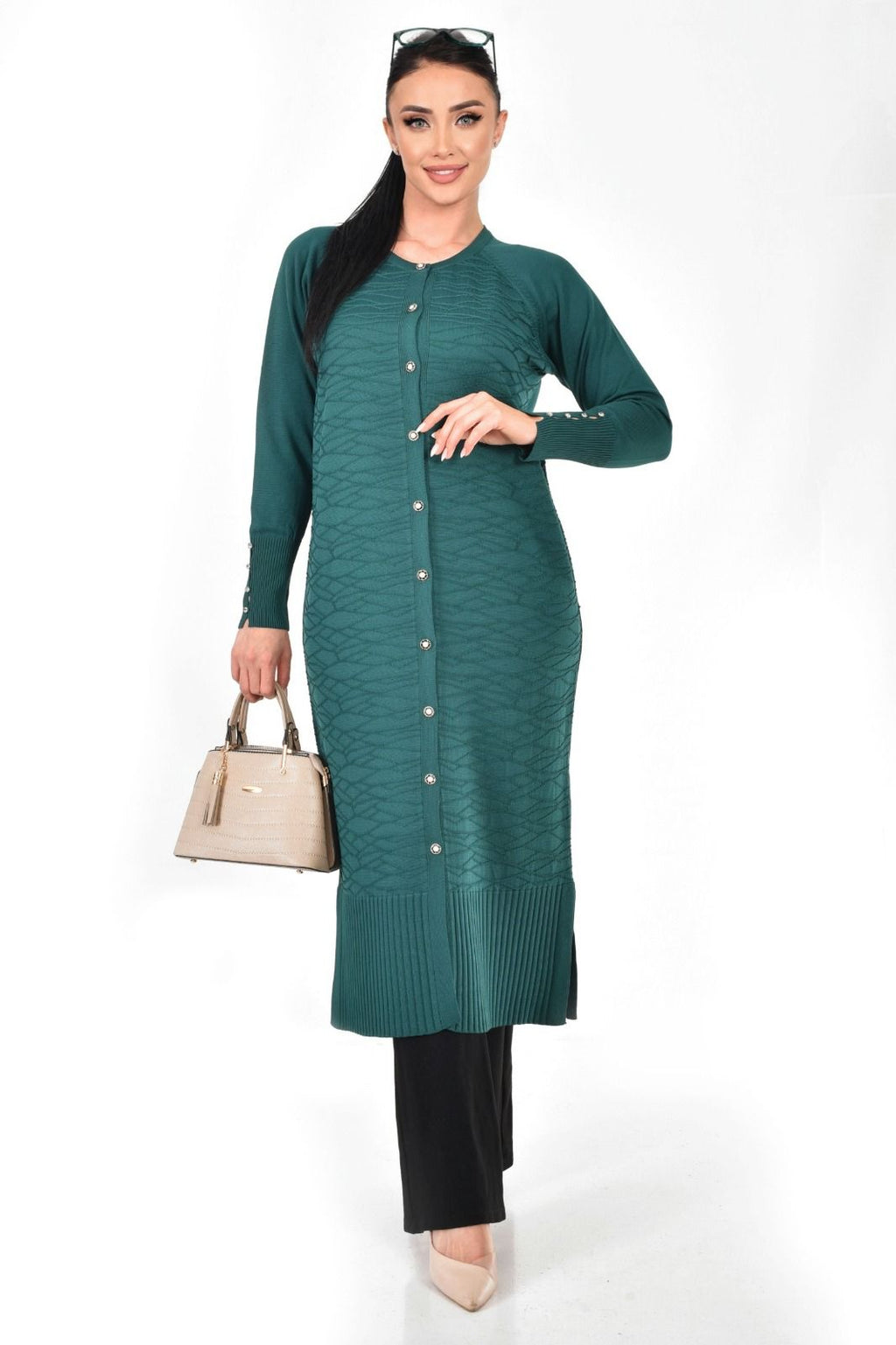 Merserize Kumaş Düğmeli Uzun Hırka