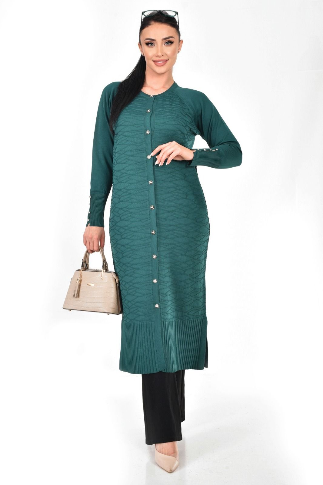 Merserize Kumaş Düğmeli Uzun Hırka