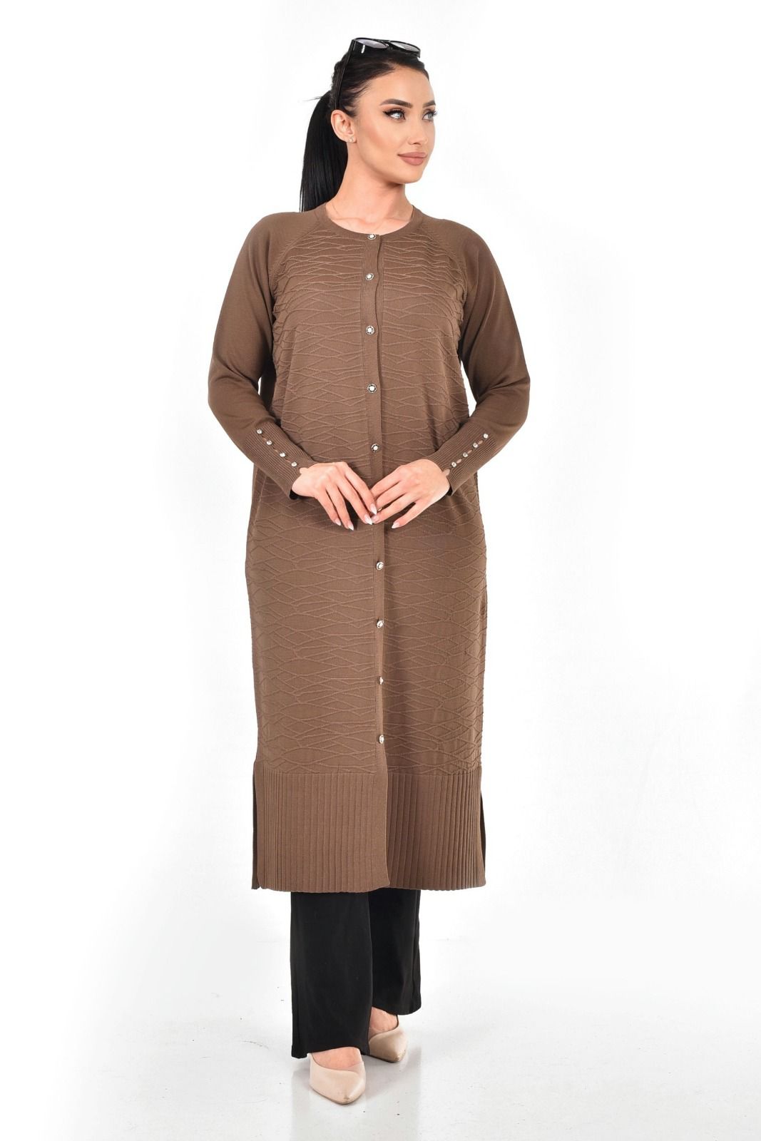 Merserize Kumaş Düğmeli Uzun Hırka