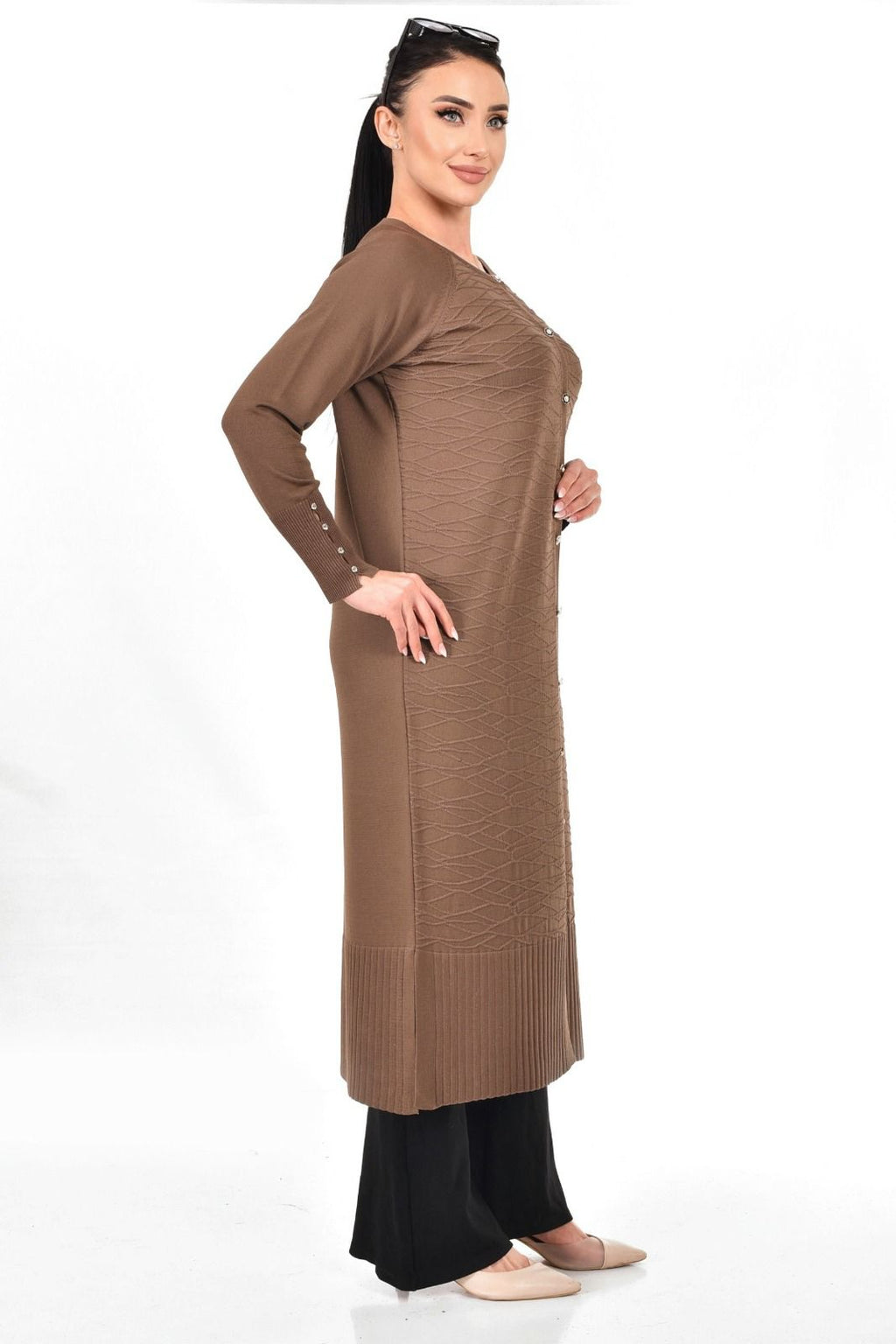 Merserize Kumaş Düğmeli Uzun Hırka