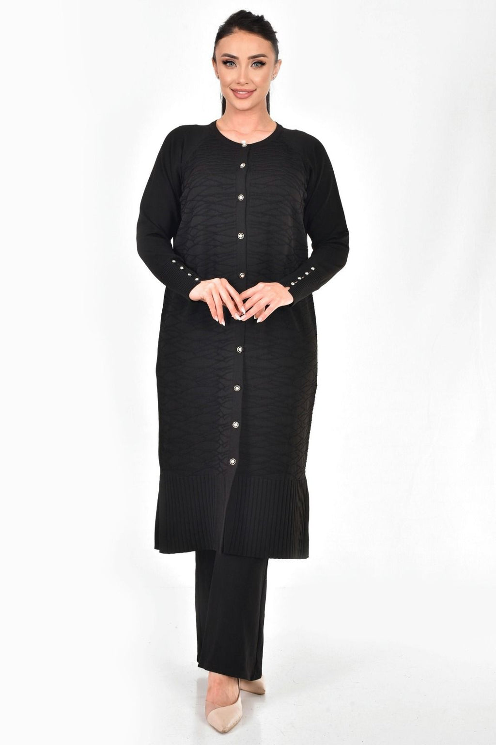 Merserize Kumaş Düğmeli Uzun Hırka