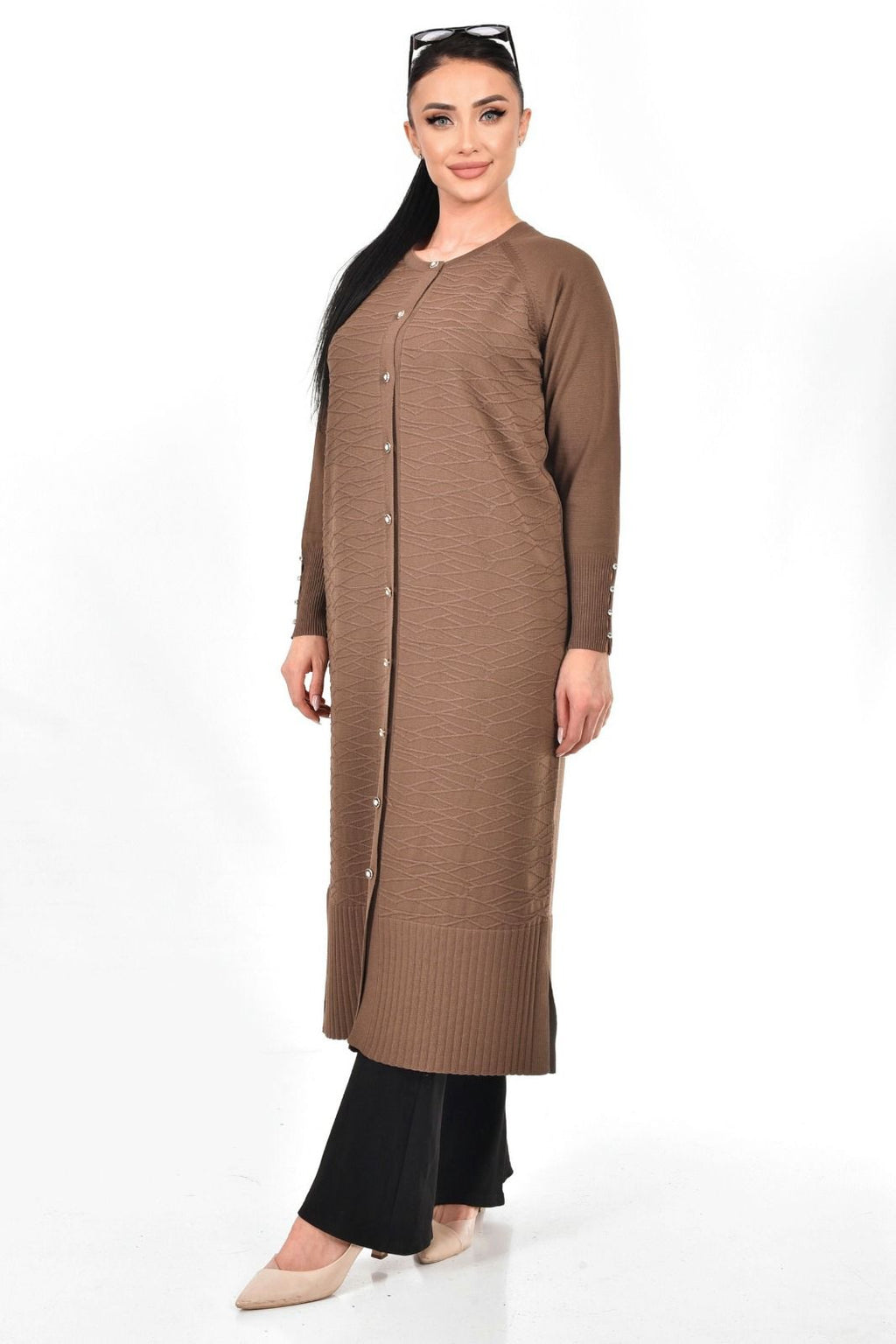 Merserize Kumaş Düğmeli Uzun Hırka