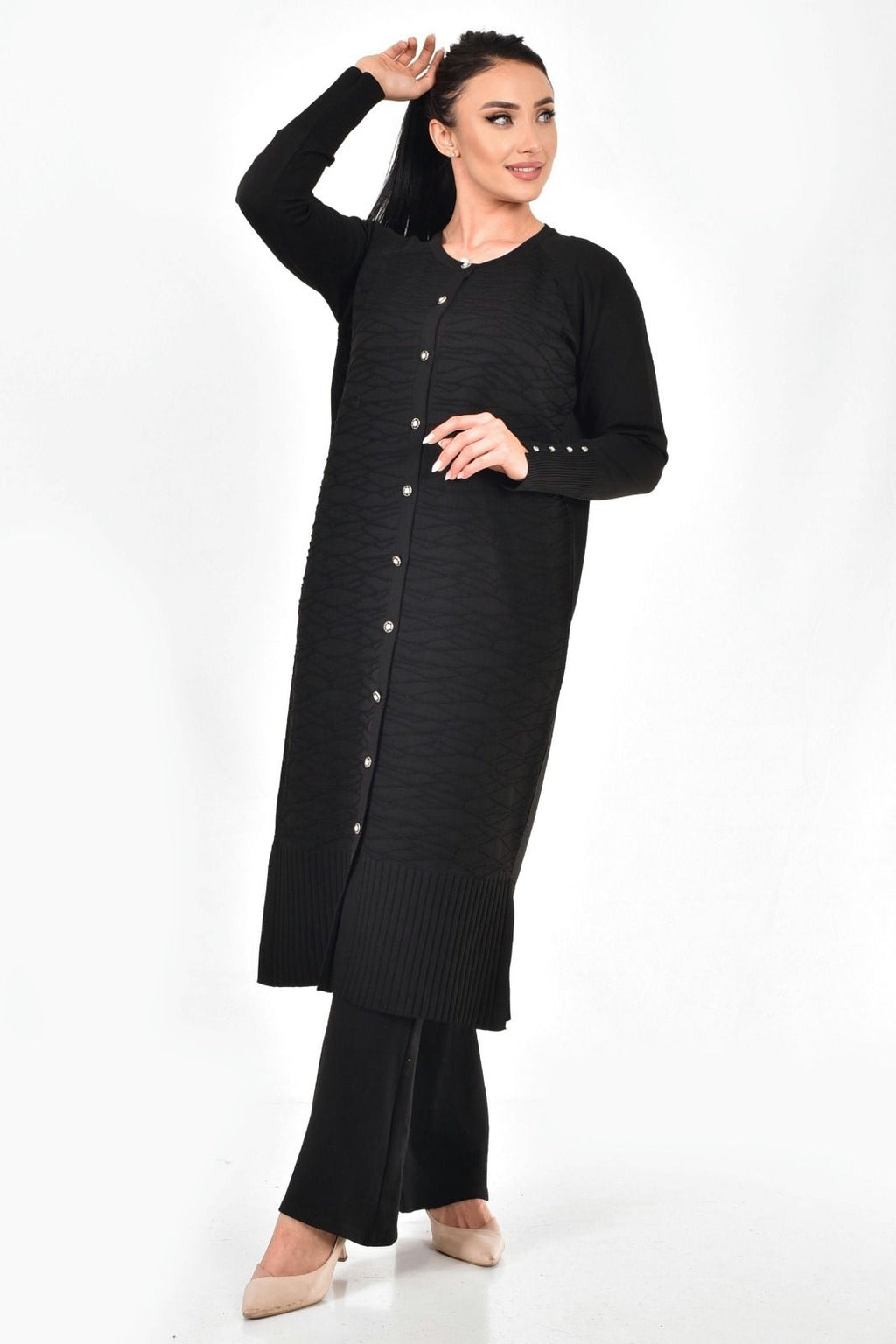 Merserize Kumaş Düğmeli Uzun Hırka