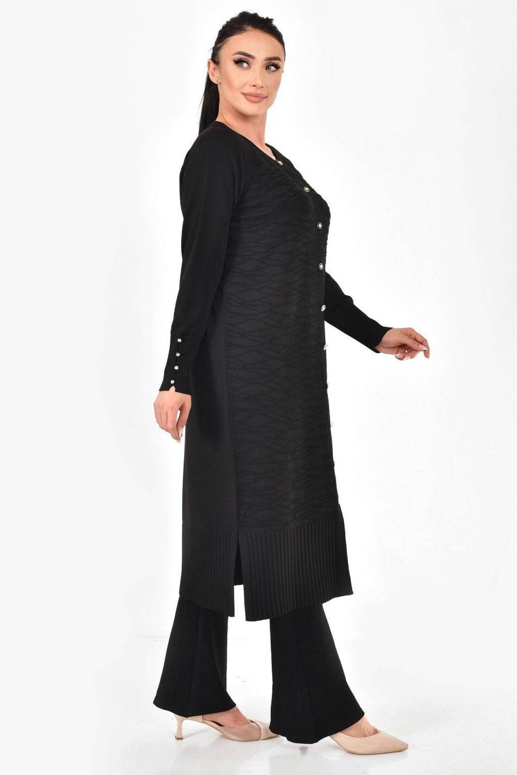 Merserize Kumaş Düğmeli Uzun Hırka