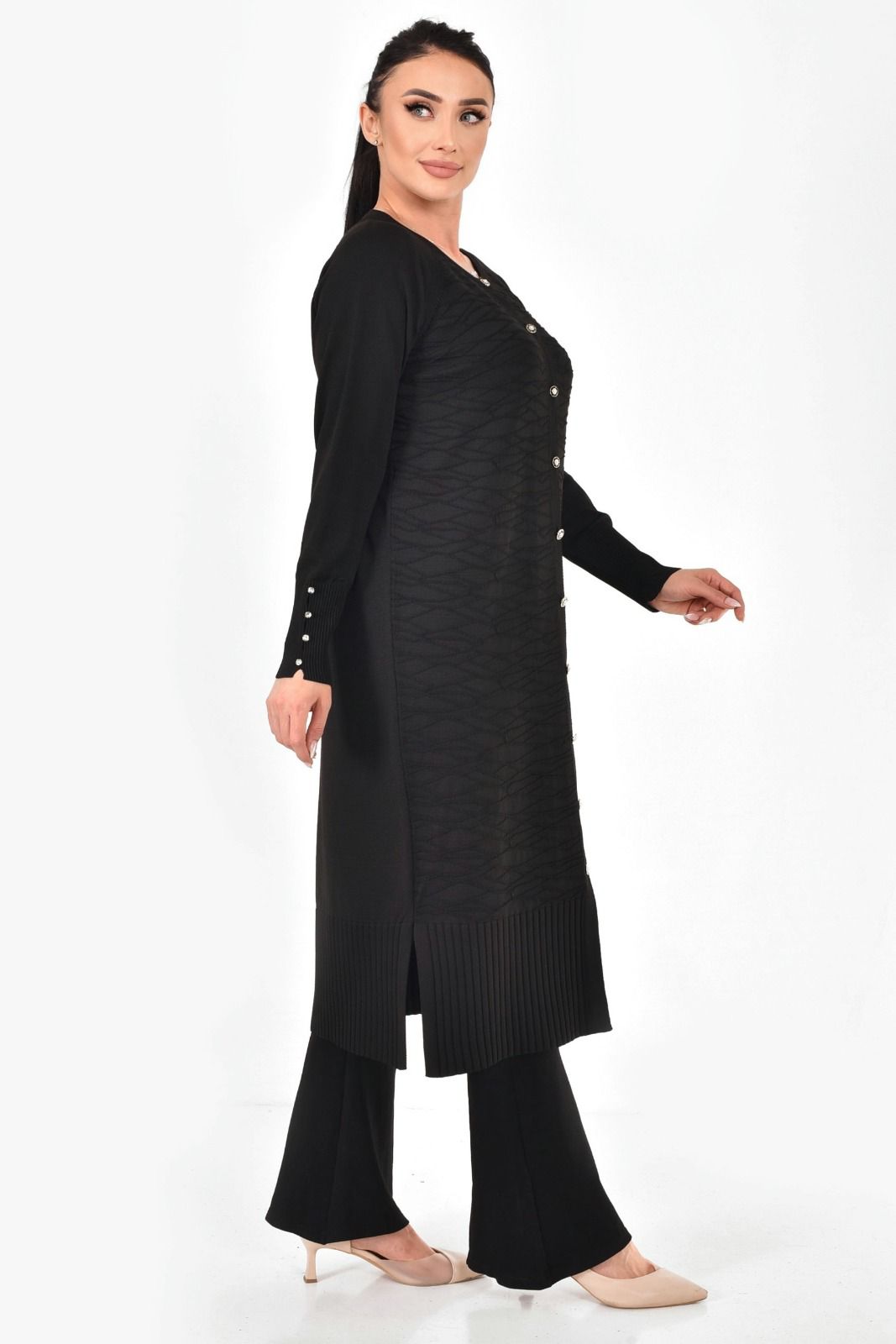 Merserize Kumaş Düğmeli Uzun Hırka