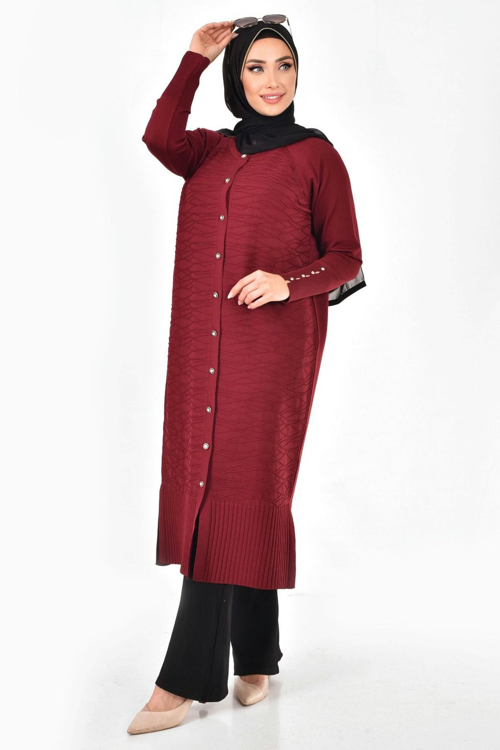 Merserize Kumaş Düğmeli Uzun Hırka