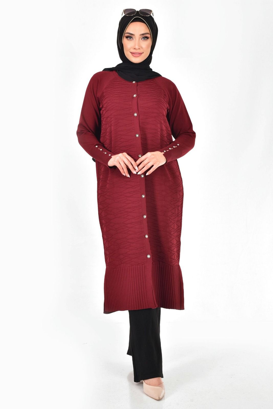 Merserize Kumaş Düğmeli Uzun Hırka