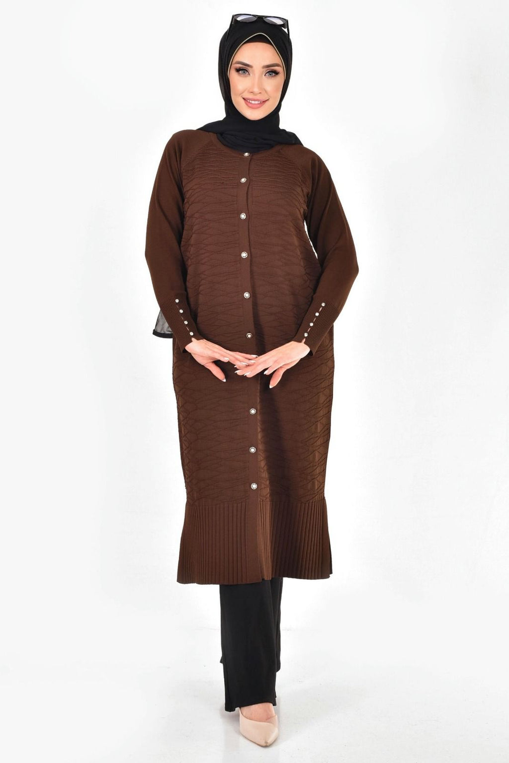 Merserize Kumaş Düğmeli Uzun Hırka