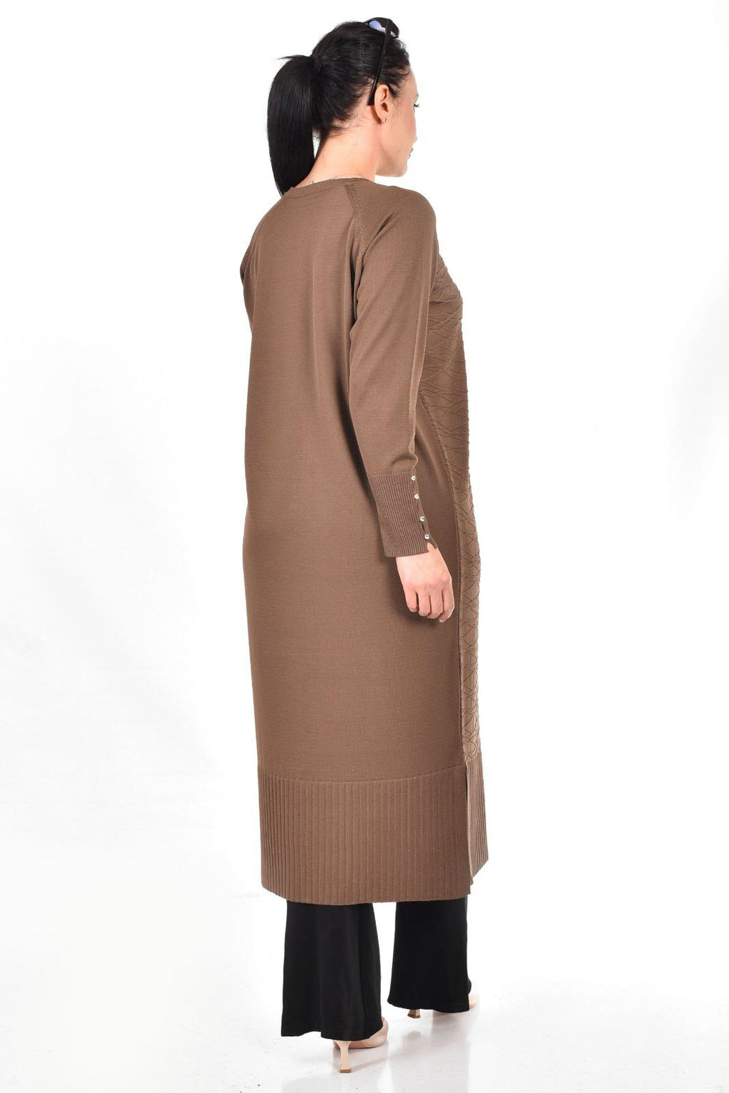 Merserize Kumaş Düğmeli Uzun Hırka