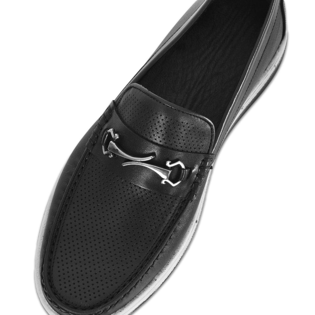 Siyah Deri Metal Tokalı Erkek Loafer Ayakkabı