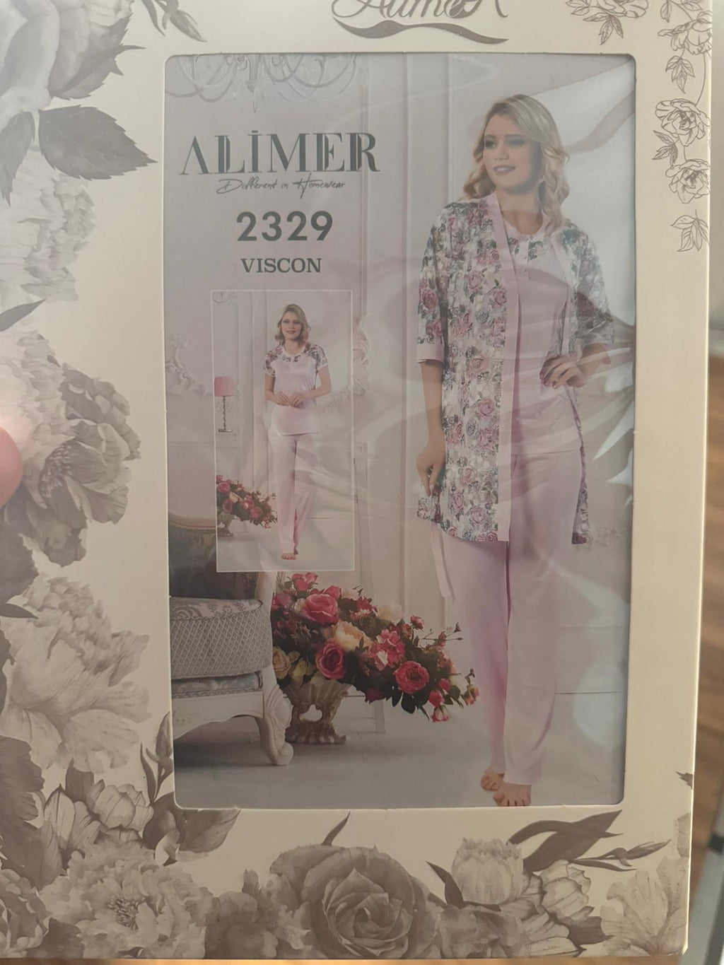 3 LÜ PİJAMA TAKIMI DANTEL SABAHLIK BELDEN LASTİKLİ PANTOLON RİNK VİSKON