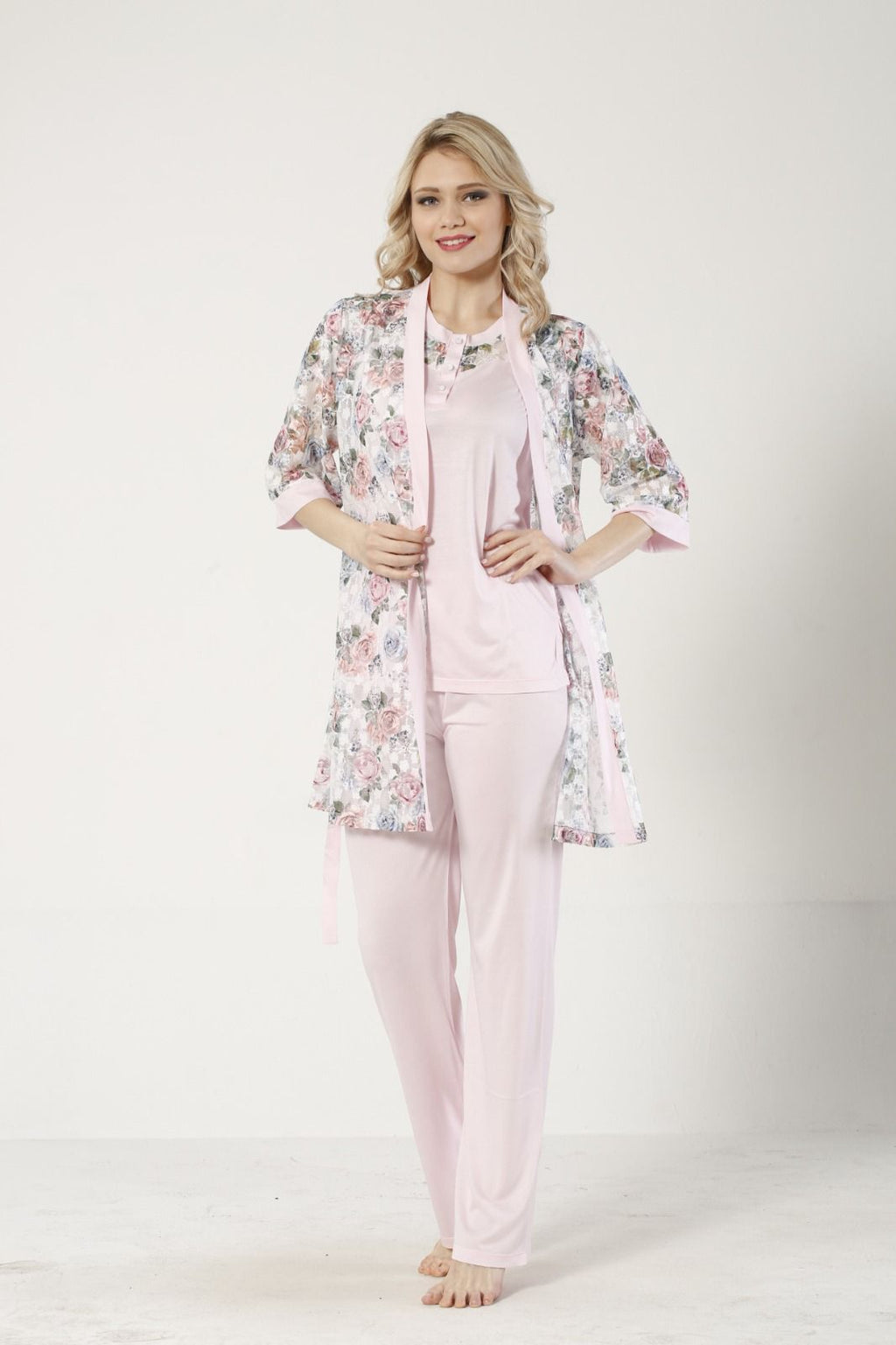 3 LÜ PİJAMA TAKIMI DANTEL SABAHLIK BELDEN LASTİKLİ PANTOLON RİNK VİSKON