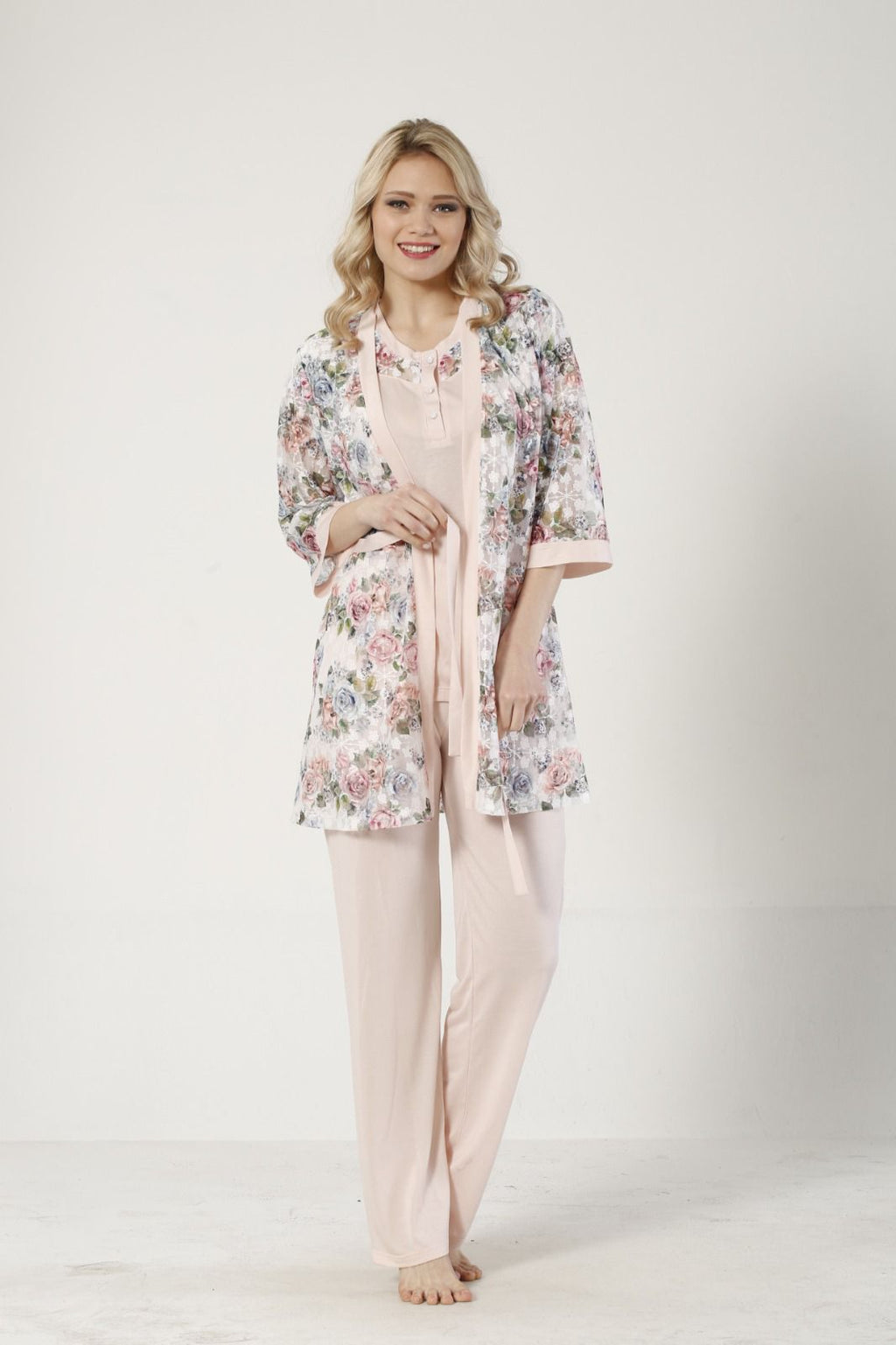 3 LÜ PİJAMA TAKIMI DANTEL SABAHLIK BELDEN LASTİKLİ PANTOLON RİNK VİSKON