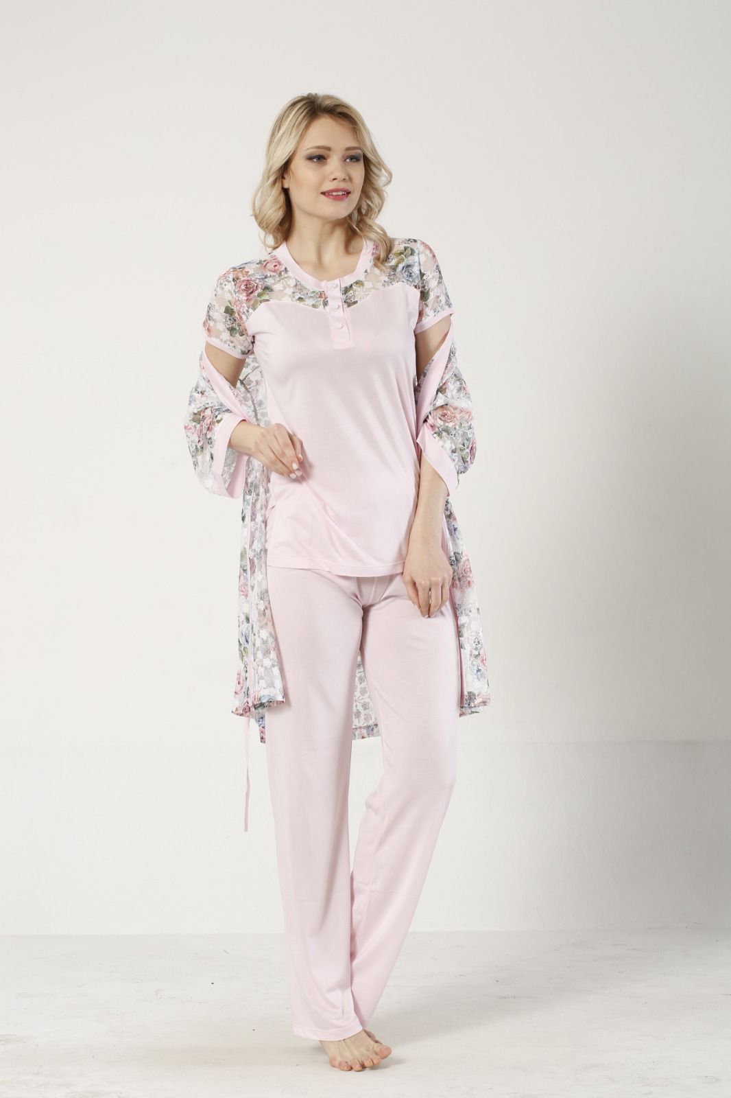 3 LÜ PİJAMA TAKIMI DANTEL SABAHLIK BELDEN LASTİKLİ PANTOLON RİNK VİSKON