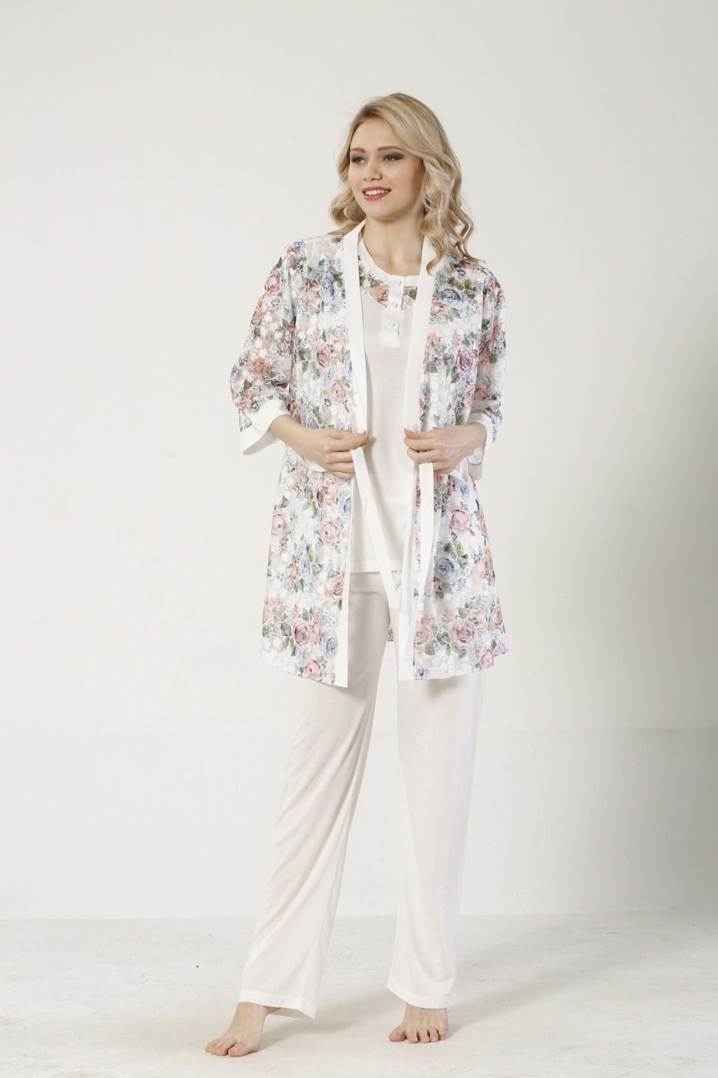 3 LÜ PİJAMA TAKIMI DANTEL SABAHLIK BELDEN LASTİKLİ PANTOLON RİNK VİSKON