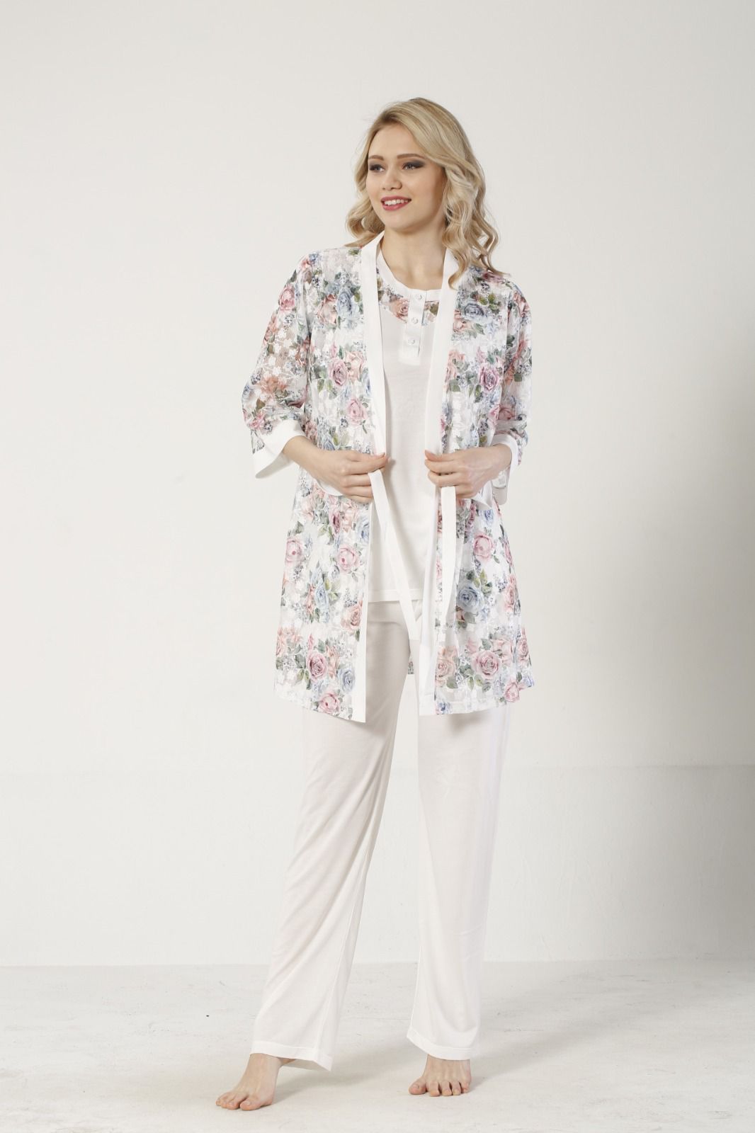 3 LÜ PİJAMA TAKIMI DANTEL SABAHLIK BELDEN LASTİKLİ PANTOLON RİNK VİSKON