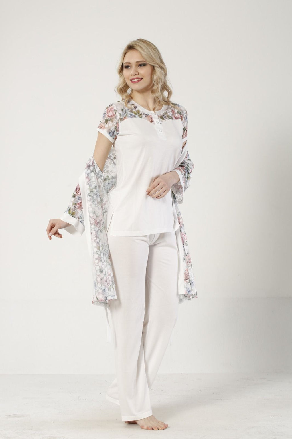 3 LÜ PİJAMA TAKIMI DANTEL SABAHLIK BELDEN LASTİKLİ PANTOLON RİNK VİSKON