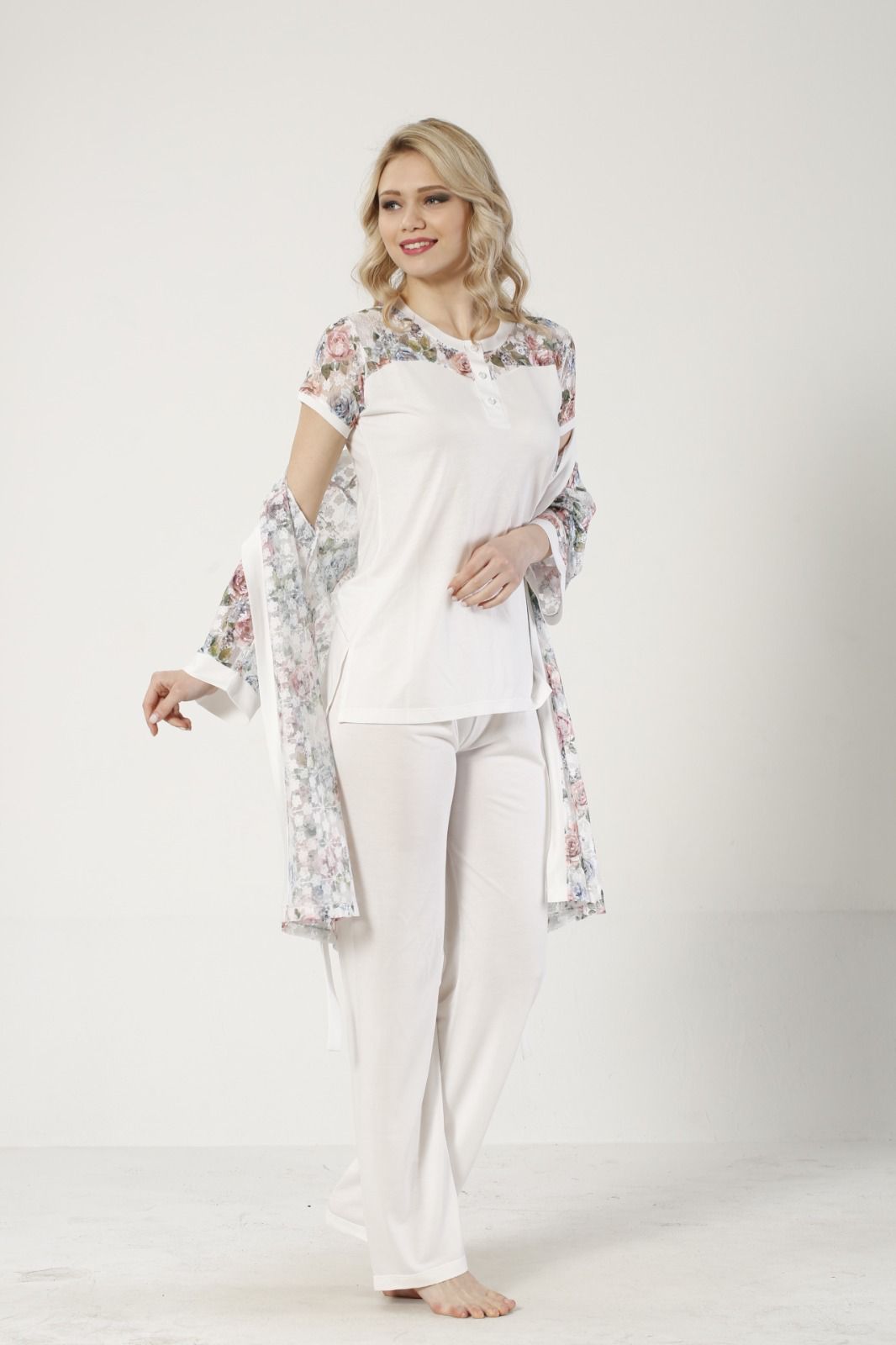 3 LÜ PİJAMA TAKIMI DANTEL SABAHLIK BELDEN LASTİKLİ PANTOLON RİNK VİSKON