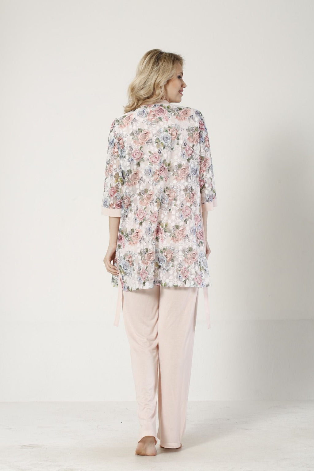 3 LÜ PİJAMA TAKIMI DANTEL SABAHLIK BELDEN LASTİKLİ PANTOLON RİNK VİSKON