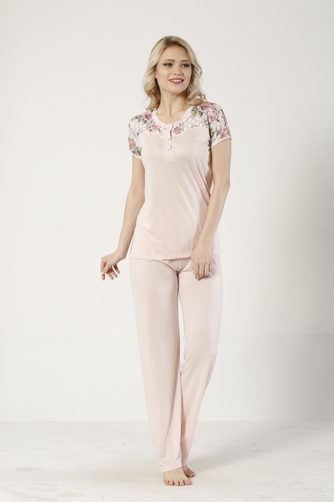 3 LÜ PİJAMA TAKIMI DANTEL SABAHLIK BELDEN LASTİKLİ PANTOLON RİNK VİSKON