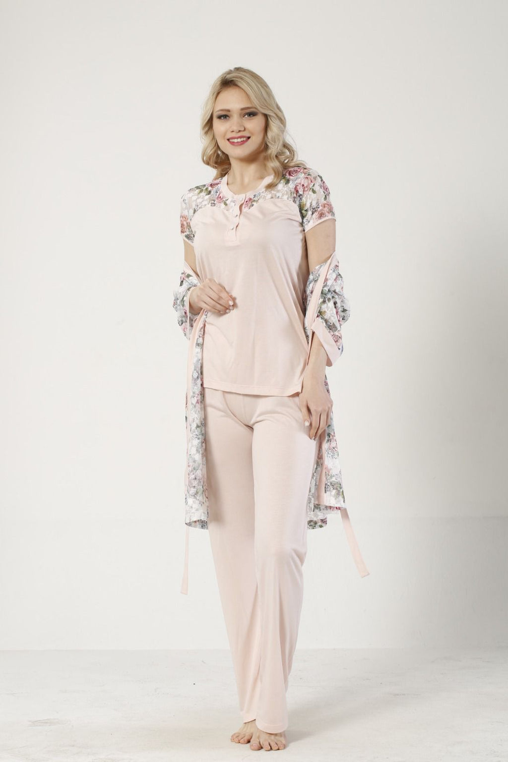 3 LÜ PİJAMA TAKIMI DANTEL SABAHLIK BELDEN LASTİKLİ PANTOLON RİNK VİSKON