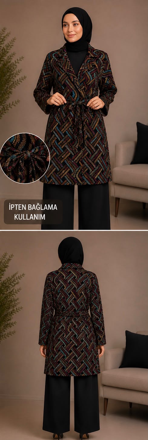 Renkli Desenli Bağlamalı Kruvaze Ceket