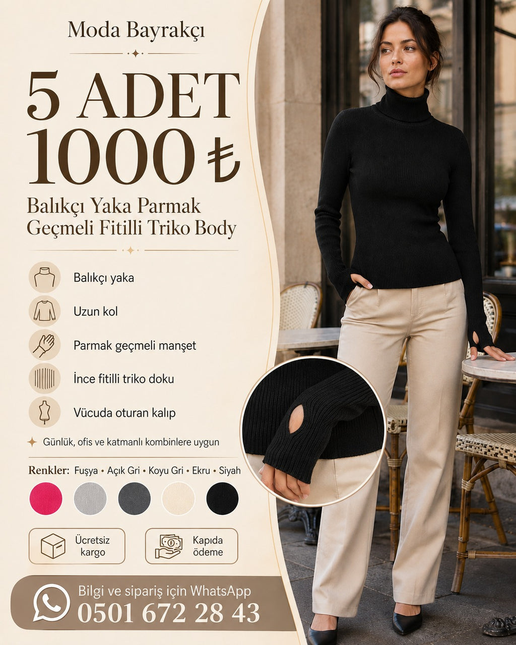 5'li Balıkçı Yaka Fitilli Triko Body Standart Beden