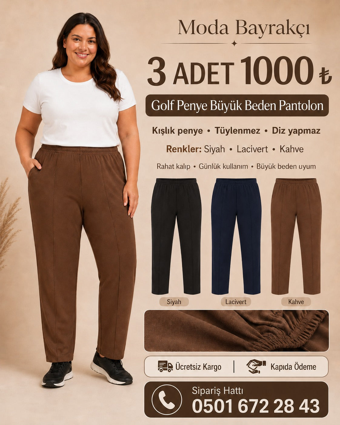 Çelik Örme Kışlık Penye Büyük Beden Çımalı Pantolon
