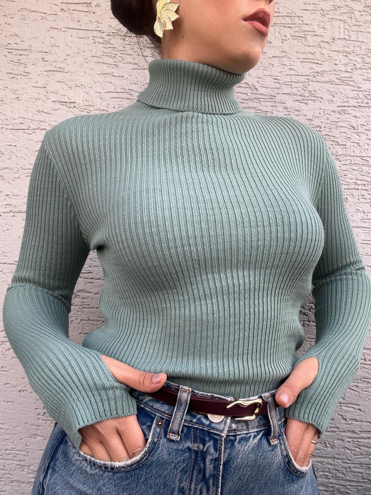 Kadın Boğazlı Triko Kazak Ultra Esnek Standart Beden Mevsimlik Pamuklu Balıkçı Yaka Kol Detaylı